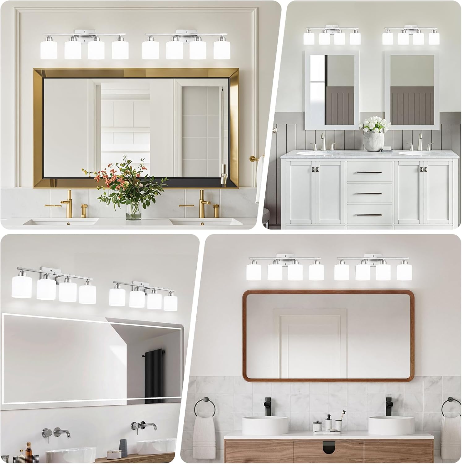 4 Light Bathroom Light Fixtures, Brushed Nickel Vanity Lights for Bathroom with Milky White Frosted Glass Shade, Wall Lights for Mirror Bedroom Living Room E26 Base - Image 3