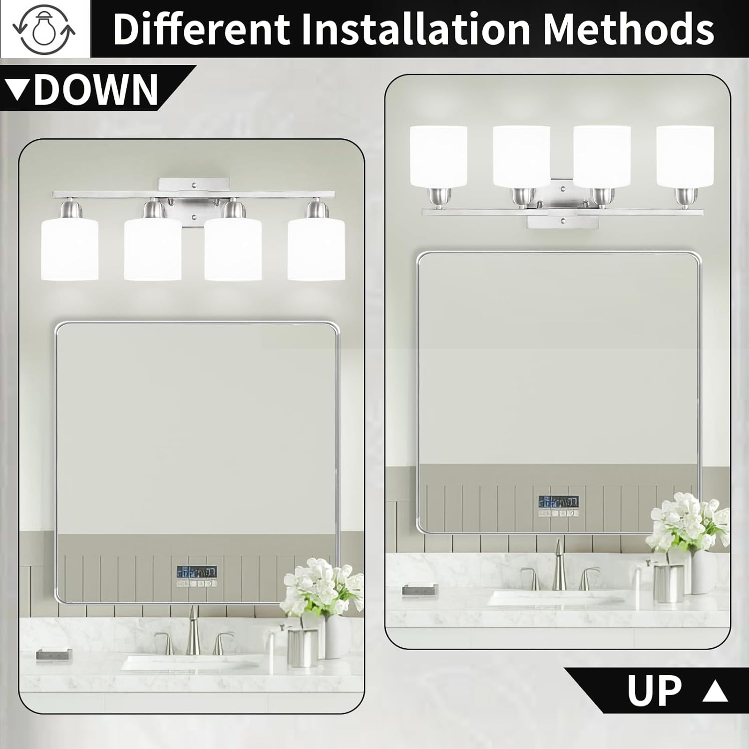 4 Light Bathroom Light Fixtures, Brushed Nickel Vanity Lights for Bathroom with Milky White Frosted Glass Shade, Wall Lights for Mirror Bedroom Living Room E26 Base - Image 4