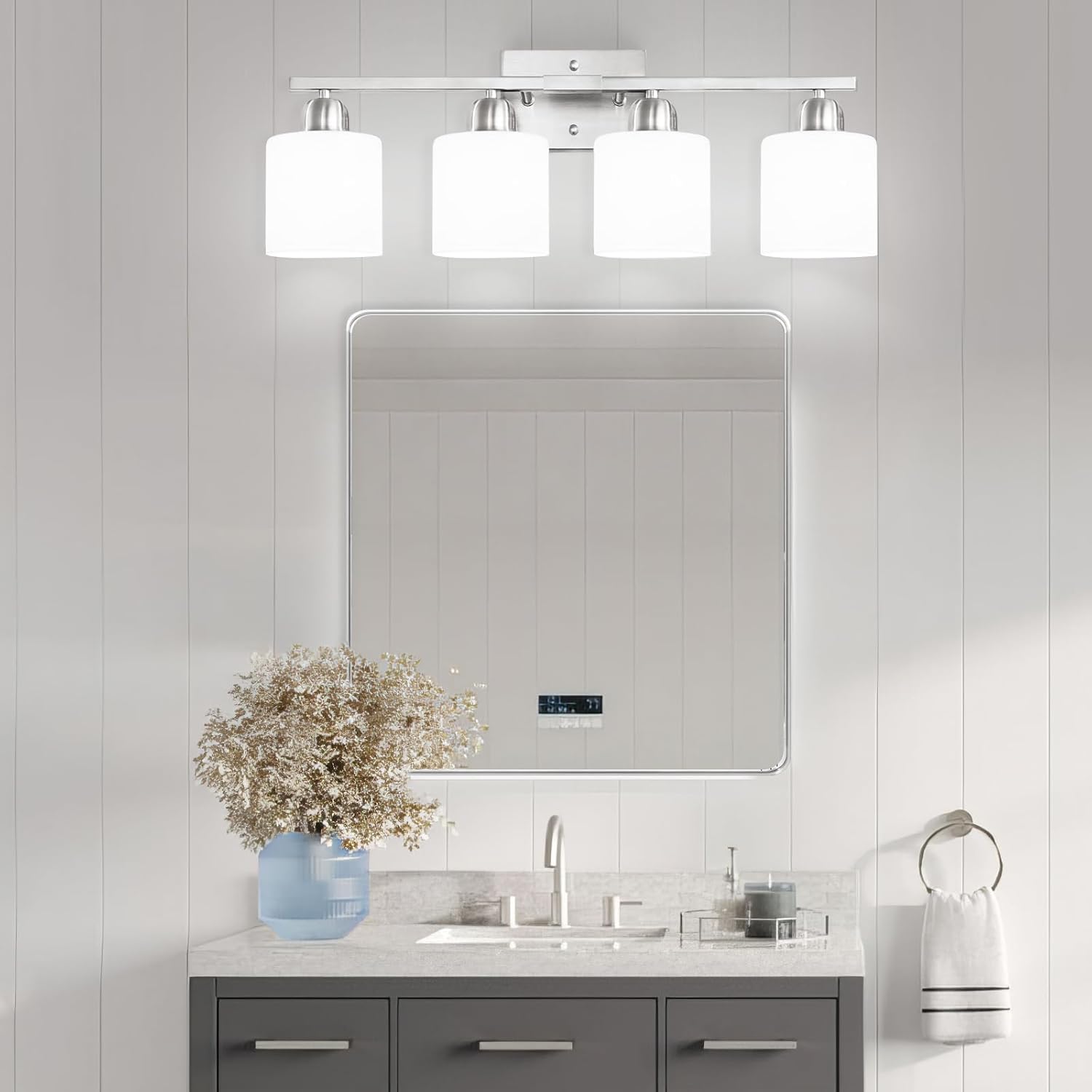 4 Light Bathroom Light Fixtures, Brushed Nickel Vanity Lights for Bathroom with Milky White Frosted Glass Shade, Wall Lights for Mirror Bedroom Living Room E26 Base - Image 7