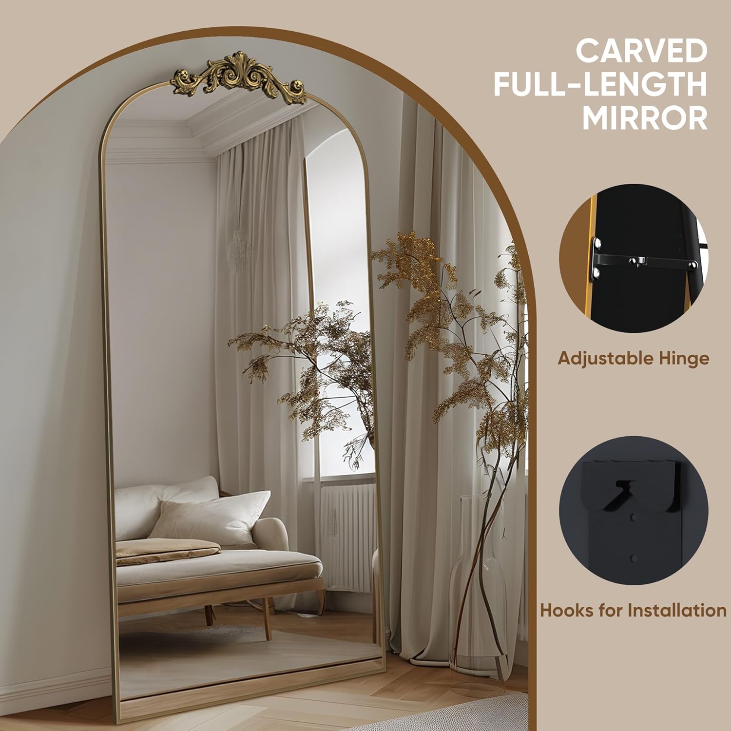 Arched Full Length Mirror, 71"x28" Floor Mirror Freestanding with Carved Metal Frame & Bottom Art Carved, Full Body Mirror for HomeDecor, Standing/Halling Large Wall Mirror for Bedroom, Bronze - Image 5
