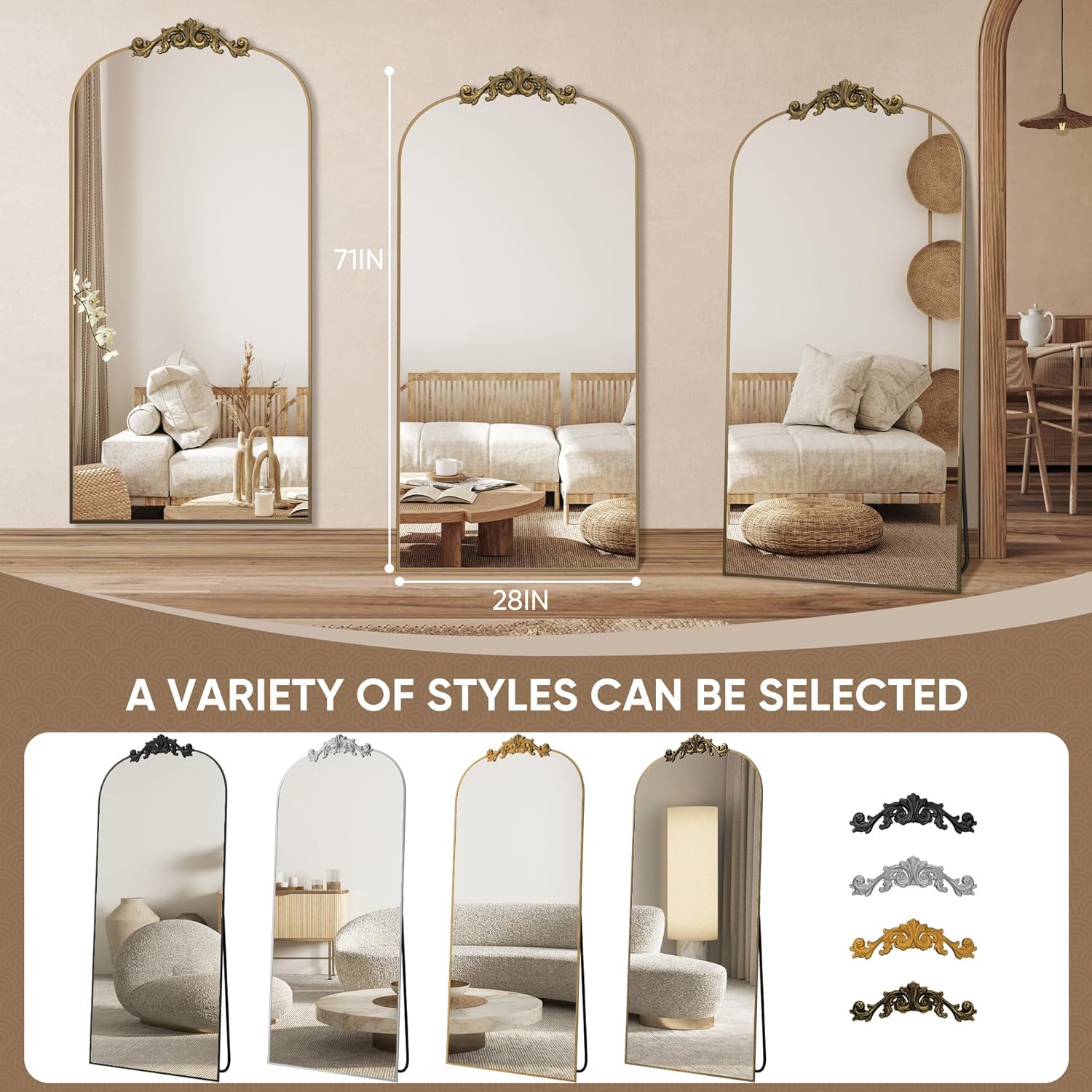 Arched Full Length Mirror, 71"x28" Floor Mirror Freestanding with Carved Metal Frame & Bottom Art Carved, Full Body Mirror for HomeDecor, Standing/Halling Large Wall Mirror for Bedroom, Bronze - Image 7