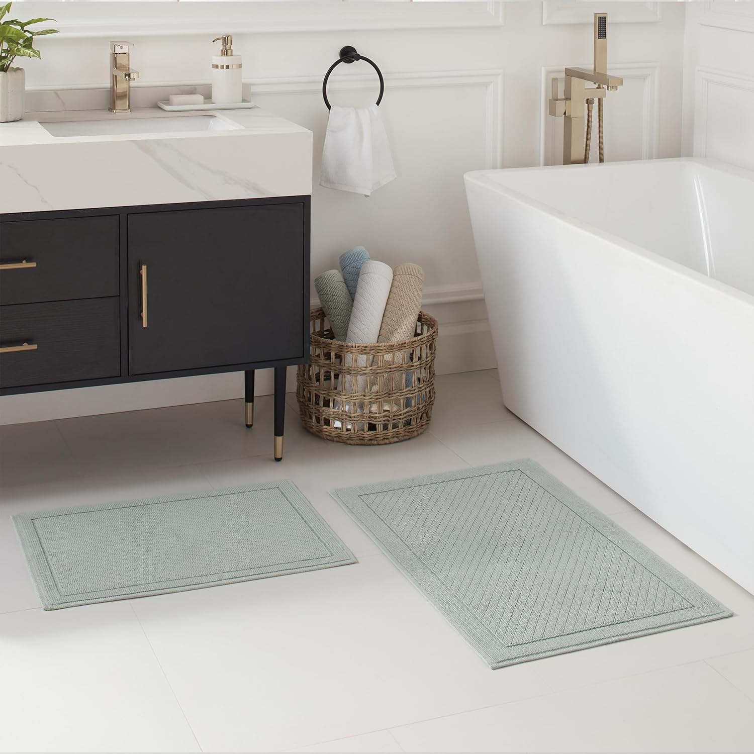 Arkwright 100% Cotton Bathroom Rug - High Absorbent Stylish Textured Woven Design Bath Mat, Slip Resistant Backing for Shower and Bathtub Floor, 20x32 in - Green - Image 2