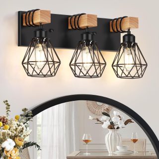 FadimiKoo 3-Light Farmhouse Bathroom Vanity Light Fixtures, Wood Bathroom Lighting Over Mirror, Black Vanity Lights with Metal Lampshade, Vintage Wall Light Fixtures for Bedroom, Living Room, Hallway