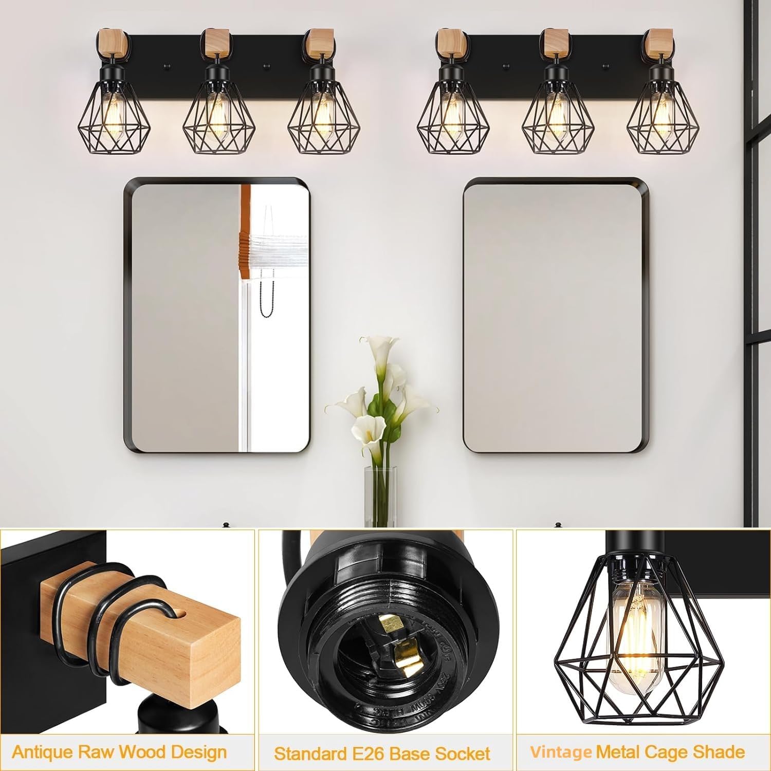 FadimiKoo 3-Light Farmhouse Bathroom Vanity Light Fixtures, Wood Bathroom Lighting Over Mirror, Black Vanity Lights with Metal Lampshade, Vintage Wall Light Fixtures for Bedroom, Living Room, Hallway - Image 3