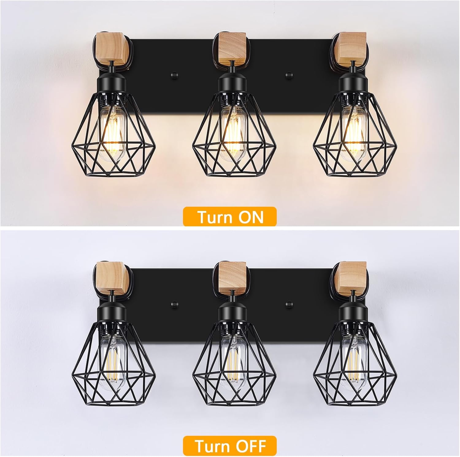 FadimiKoo 3-Light Farmhouse Bathroom Vanity Light Fixtures, Wood Bathroom Lighting Over Mirror, Black Vanity Lights with Metal Lampshade, Vintage Wall Light Fixtures for Bedroom, Living Room, Hallway - Image 4