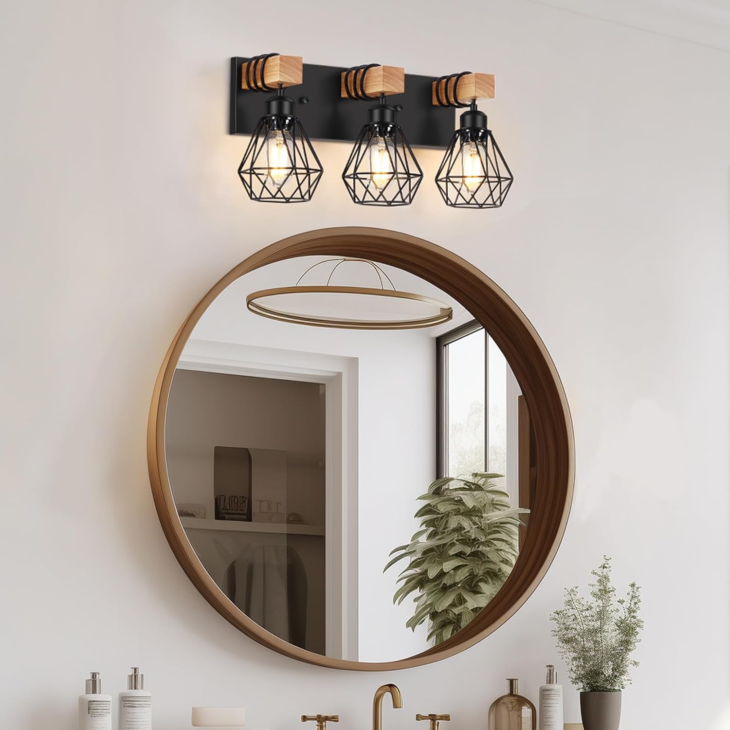 FadimiKoo 3-Light Farmhouse Bathroom Vanity Light Fixtures, Wood Bathroom Lighting Over Mirror, Black Vanity Lights with Metal Lampshade, Vintage Wall Light Fixtures for Bedroom, Living Room, Hallway - Image 6
