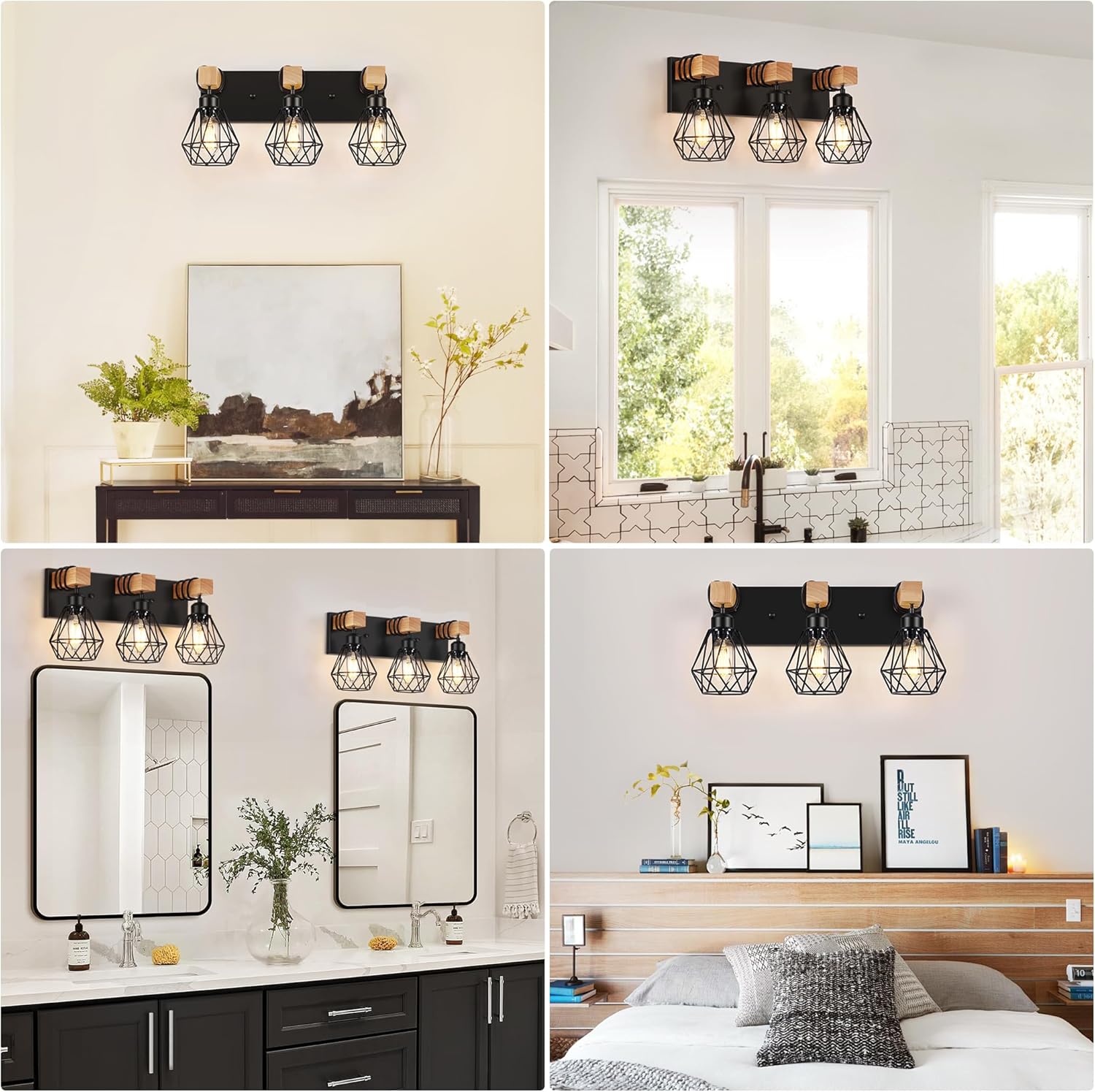 FadimiKoo 3-Light Farmhouse Bathroom Vanity Light Fixtures, Wood Bathroom Lighting Over Mirror, Black Vanity Lights with Metal Lampshade, Vintage Wall Light Fixtures for Bedroom, Living Room, Hallway - Image 7