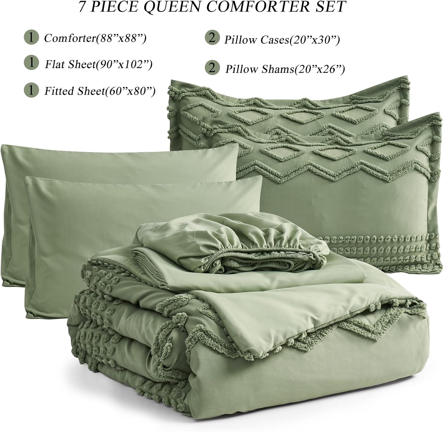 Sage Green Tufted Comforter Set Queen Size 7 Piece Bed in a Bag, Shabby Chic Boho Comforter and Sheet Set, Pom Pom Textured Bed Set, All Season Soft Microfiber Complete Bedding Set(Green,Queen) - Image 2