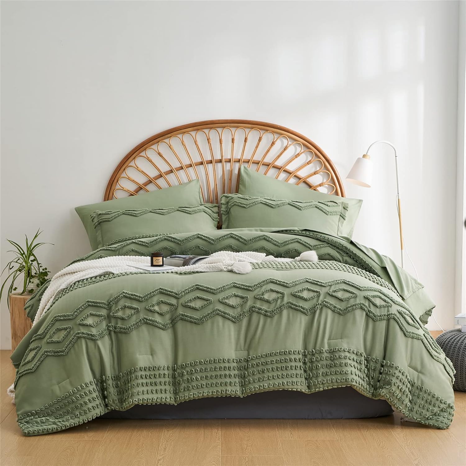 Sage Green Tufted Comforter Set Queen Size 7 Piece Bed in a Bag, Shabby Chic Boho Comforter and Sheet Set, Pom Pom Textured Bed Set, All Season Soft Microfiber Complete Bedding Set(Green,Queen) - Image 3